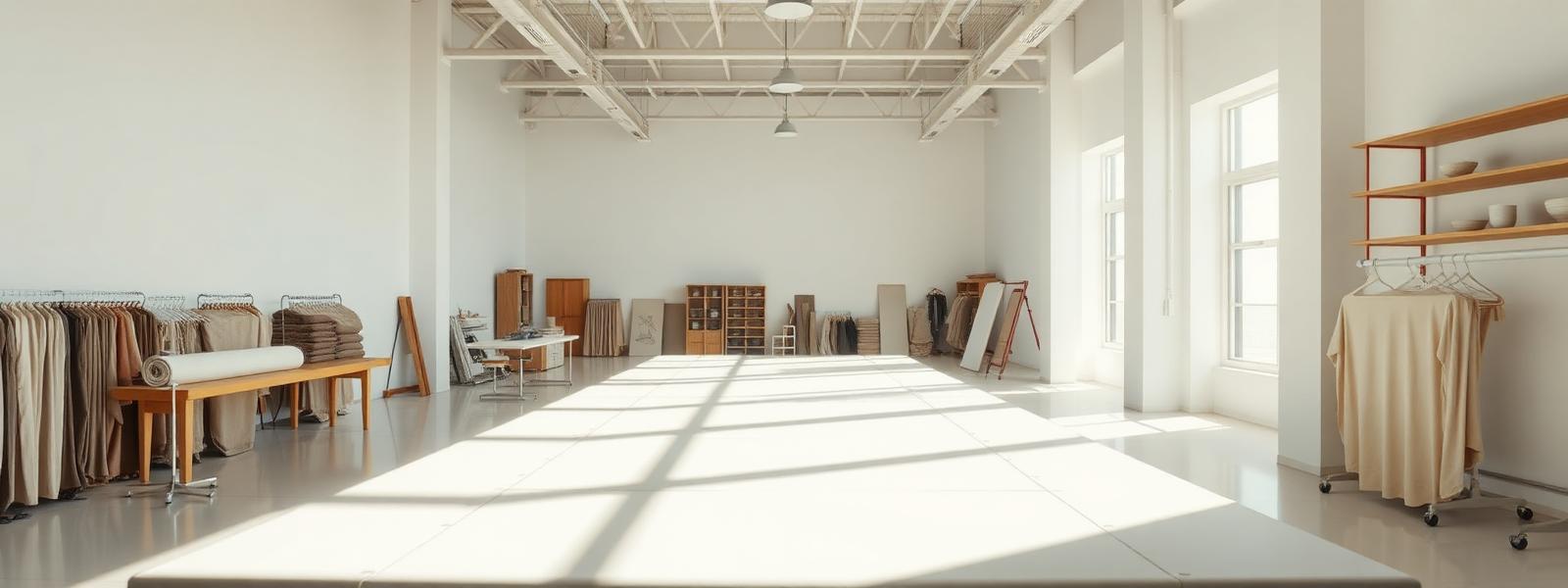 Sunlit minimalist Dubai atelier with fabric rolls