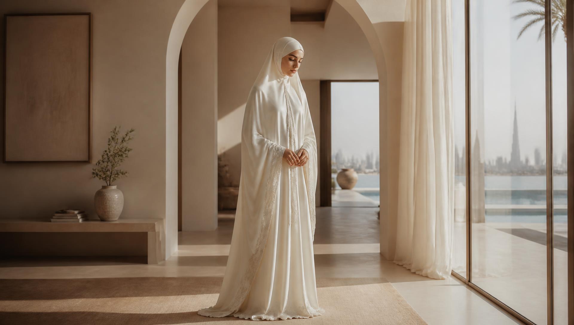 Editorial hero of a woman in an ivory silk prayer garment